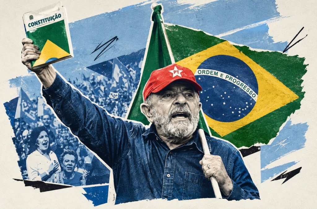Luiz Inacio Lula da Silva holding the Constitution, with the Brazilian flag behind him